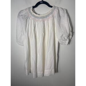 Baybala Soft White Cotton Pointelle Smocked Neck Half Sleeve Shirt Sz M